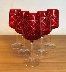 Ruby Red Etched Hand Blown Wine Glasses 5 pc (RARE FIND) - Picture 1 of 5
