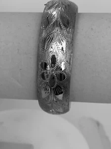 Argento Sterling 925 - Braccialetto Braccialetto Rotondo In Vite Floreale Inciso Vintage - Foto 1 di 5