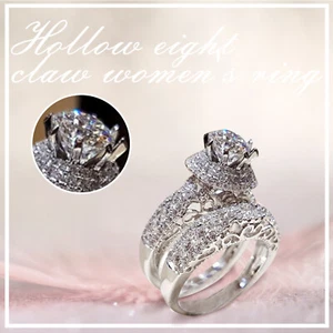 Hollow Carving, Inlaid Eight Prongs, Round Pallet, Silver Female Ring - Picture 1 of 10