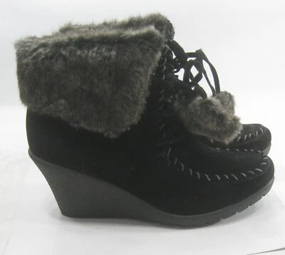 new Black 3" Wedge Heel Round Toe lace up Ankle Boots Size 8.5 - Image 1 of 4