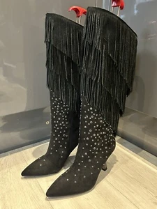 River Island Womens Suede Black Tassel Boots Heeled With Studs - Picture 1 of 23