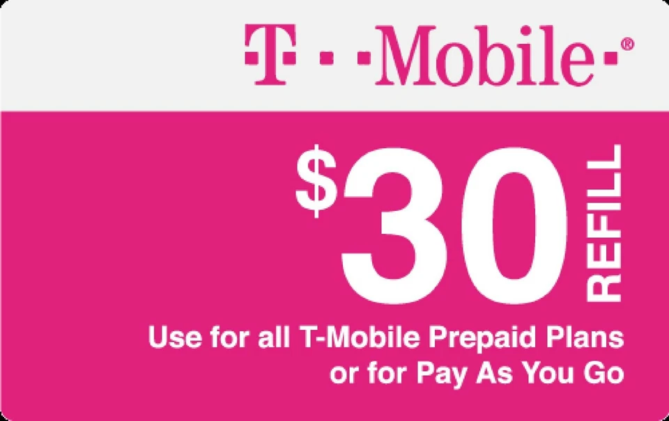 T-Mobile  Prepaid $30 Refill Top-Up Prepaid Card , AIR TIME  PIN / RECHARGE  - Image 1 of 1