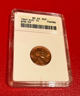 1961 D/D US PENNY ANACS MS 64 RED RPM-59 OLD HOLDER ( FRONT HOLDER SMALL CRACK ) - Image 1 of 2