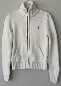RALPH LAUREN Youth Girls L 12-14 Full Zip Mock Neck Sweater Ivory Pink Pony - Picture 1 of 10