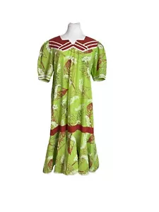 Vintage Made in Hawaii Kleid grün kastanienbraun weiß Blumenmuster kurzärmelig Luau Retro - Bild 1 von 13