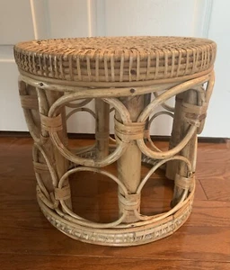 Vintage MCM Wicker Rattan Vanity Foot Stool Round Seat Plant Stand Made Africa - Picture 1 of 5