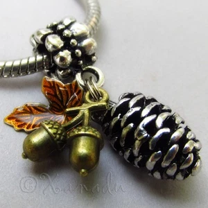 Autumn European Pendant Charm With Silver Pine Cone, Copper Acorn And Amber Leaf - Picture 1 of 6
