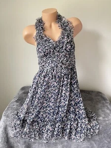Silk Halter Mini Dress Size M S Xs Blue Floral Ruffle Lined MM Couture Miss Me - Picture 1 of 19