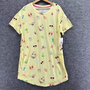 New Sunt Night Gown Women S/M Yellow Beach Print Crew Neck Short Sleeve Sleep - Picture 1 of 7
