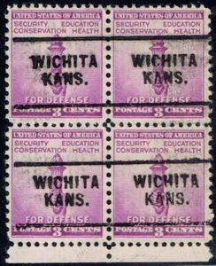 1940 3c War and Defense precancel f/WICHITA KS 901-703 Blk/4! Nice Multiple! - Picture 1 of 1
