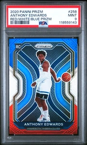 ANTHONY EDWARDS 2020 PRIZM RED/WHITE/BLUE RWB RC #258 PSA 9 MINT! NBA T-WOLVES! - Picture 1 of 2