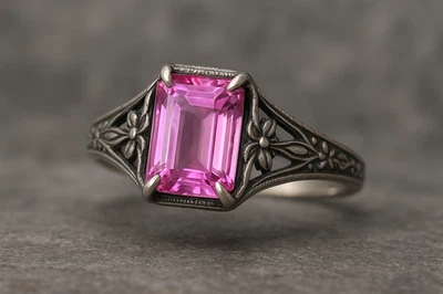 Lab Pink Sapphire Vintage Prong Designer Ring Gemstone 925 Sterling Silver Gift - Image 1 of 4