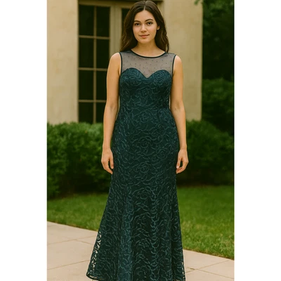 Blue Floral Embroidered Lace Illusion evening bridesmaid, Mermaid Gown Sz-12 - Image 1 of 4