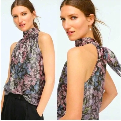 Blusa J Crew Reno metálica floral jacquard gola redonda pequena festa feriado nova - Imagem 1 de 4