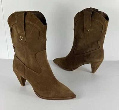 ¡NUEVO! Bota de gamuza LARROUDE Thelma media pantorrilla para mujer EU 37 US 7 marrón tacón occidental - Imagen 1 de 4