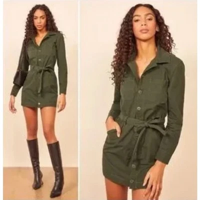 Reformation Lydia Utility Shirt Dress Long Sleeve Army Green Button Front Sz 10 - Image 1 of 4