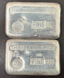 Vintage 2 10 Oz .999 The Perth Mint Silver Poured Bars With Consecutive Serial # - Picture 1 of 4