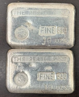 Barras vertidas de plata vintage de 2 10 OZ .999 The Perth Mint con serie consecutiva # Foto 1 de 4