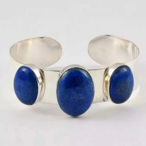 Bracciale Lapislazzuli Blu, Bracciale a Fascia Larga, Bracciale Aperto, Bracciale Tre Pietre - Foto 1 di 5