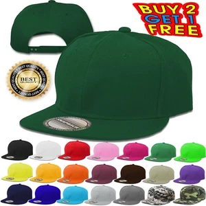 Men Snapback Hat Classic Hip Hop Flat Brim Bill Baseball Cap Solid Plain Hats - Picture 1 of 26