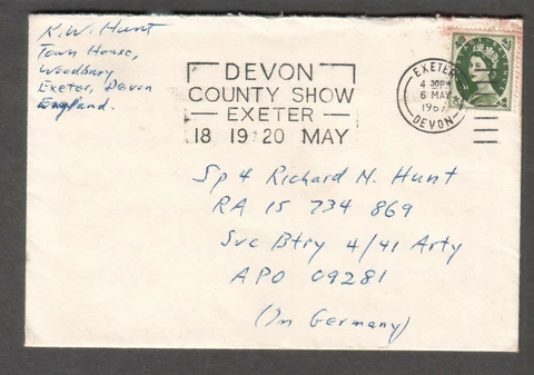 UK 1967 cover/letter Exeter Devon County Show slogan cancel to APO 09281 Germany Cover