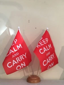KEEP CALM RED TABLE FLAG TWIN SET WOODEN BASE - Picture 1 of 1