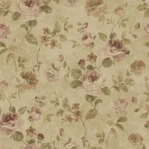 Wallpaper Designer Burgundy, Pink Floral on Pearlized Tan, Roses, 56 sq ft Bolt. - Picture 1 of 1