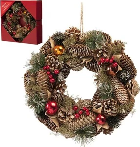 Festive 30cm Gold Pinecone & Red Berries Wreath in Box P027749 - Picture 1 of 1