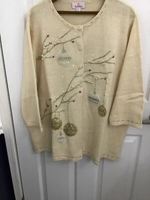 QUACKER FACTORY QVC Christmas Cardigan Sweater Beige Bling Embellished 1X NEW - Image 1 of 4