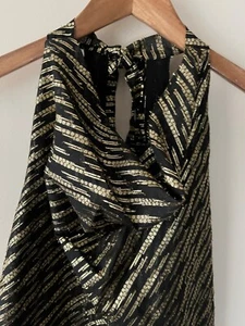 BCBGMAXAZRIA Top Size M 10-12 New Black Gold Foil Sleeveless Halter Party - Picture 1 of 14