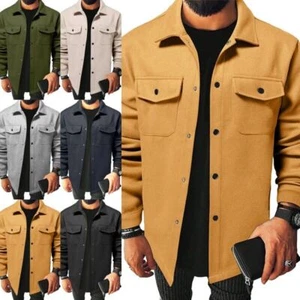 Men Shirts Coat Button Down Tops Mens Autumn Plain Long Sleeve Jacket Blouses - Picture 1 of 40