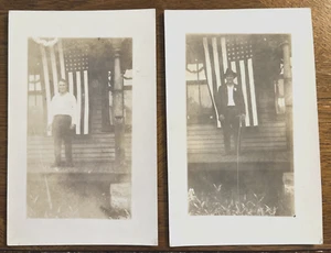 2 Postkarten RPPC Portrait, Männer mit amerikanischer Flagge auf Veranden - Anfang 1900 - Bild 1 von 4