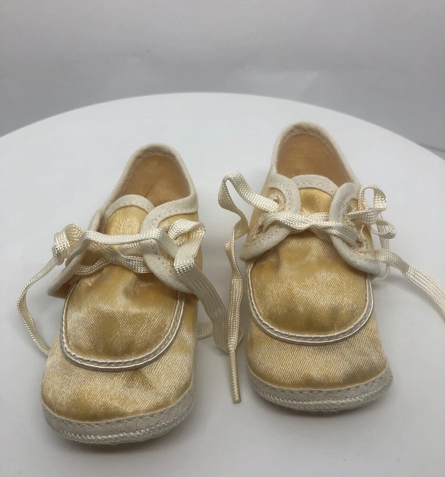Vintage Christening Shoes Satin Feel Laces Infant Baptism Shoes 3.5” Long Yellow - Image 1 of 4