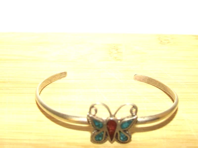 Whimsical 1970s Navajo Turq. & Coral Chip Butterfly Cuff Bracelet - image 1 of 4