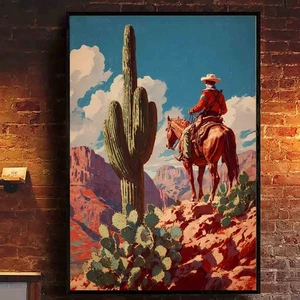 Cowboy Desert Sunset Poster Western Wall Art Print Rustic Cactus Home Poster - Picture 1 of 5
