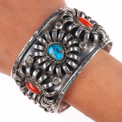 7.25" Vintage Navajo sterling silver, turquoise/coral modernist cuff bracelet - Image 1 of 4