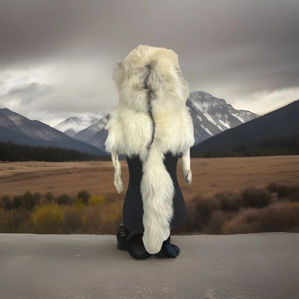 Sombrero de piel genuina Arctic Fox cosido a mano manta de lana forro cola larga negro blanco Foto 1 de 4