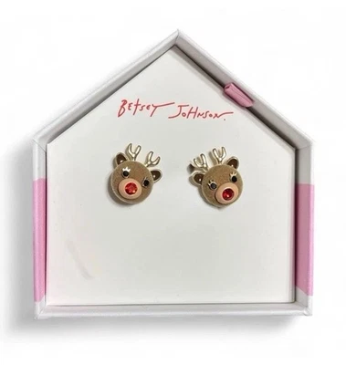 Betsey Johnson Gold Tone & Brown Felt Reindeer Button Stud Earrings Crystal NIB - Image 1 of 4