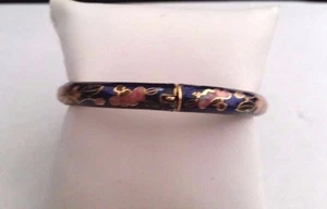 CLOISONNE BRACELET BRASS BLUE ENAMEL W/ FLORAL DESIGN 1/4" THICK - Picture 1 of 2
