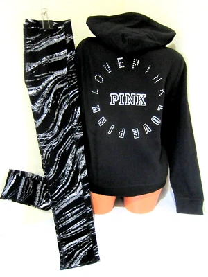 BLING Victoria Secret Rosa ESTRÁS LÁMINA LOGO SUDADERA CON CAPUCHA CEBRA LEGGING PANTALÓN XL SET Foto 1 de 4