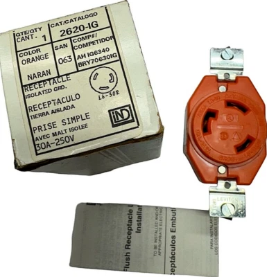 Leviton 2620-IG Orange Isolated Ground Receptacle Outlet 30A, 250V, L6-30R - Image 1 of 4