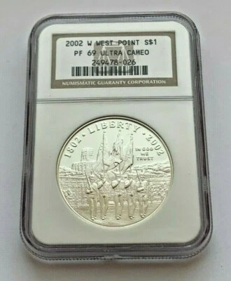 2002 W SILVER WEST POINT MILITARY ACADEMY NGC PF 69 ULTRA CAMEO SILVER $1 COIN - Image 1 of 4