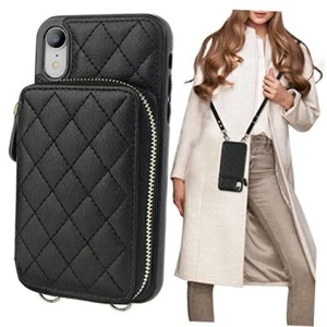 Crossbody Wallet Case for iPhone Xr, RFID Blocking PU Leather Zipper Black - Picture 1 of 7