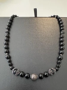 Delicate Black Onyx Beaded Gemstone Necklace With Silver Accents Clasp - Picture 1 of 6