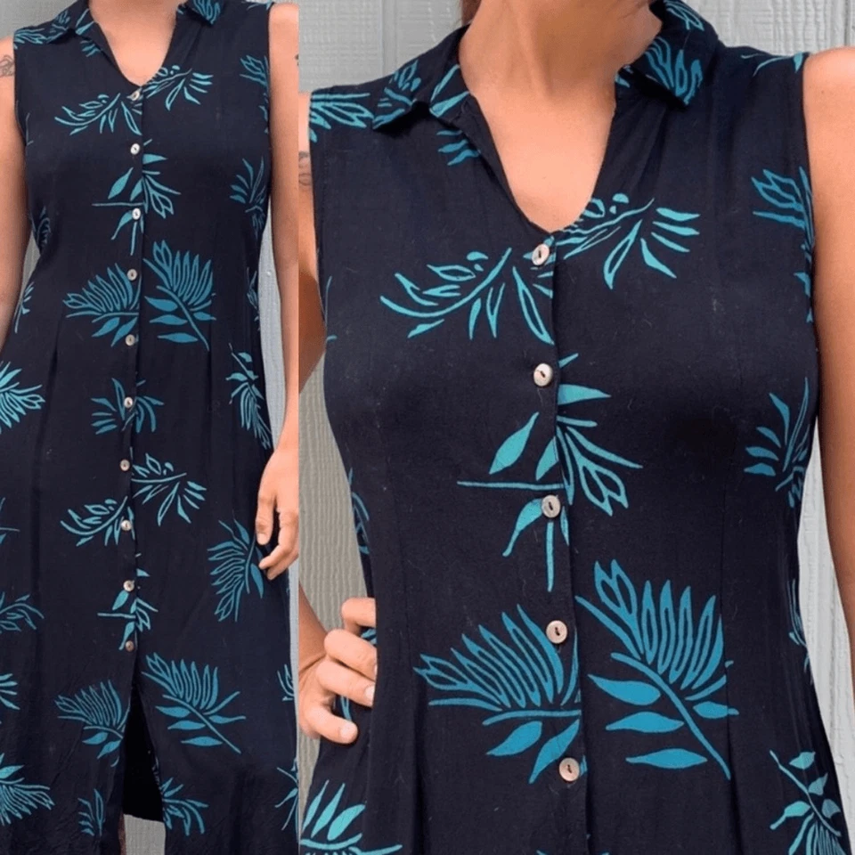 Norm Thompson navy blue tropical Button front midi sleeveless 100% Rayon dress L — 第 1/4 张图片