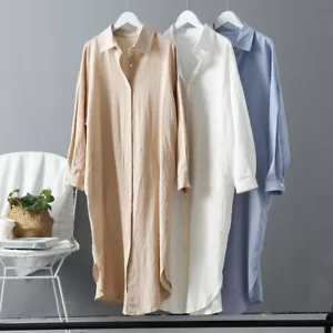 Damen Button-Down Hemd Kleid lose Baumwolle Leinen Mäntel lässig Bluse Kaftan Tops - Bild 1 von 15