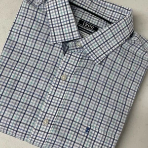 IZOD Men's Soft Washed Stretch Untucked Dress Shirt BLUE/WHITE Plaid L 16-16.5 - Picture 1 of 8