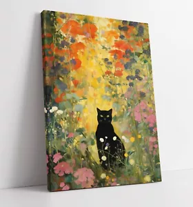 GUSTAV KLIMT GATTO NERO IN GIARDINO FIORITO - TELA INCORNICIATA PROFONDA STAMPA ARTE DA PARETE - Foto 1 di 2