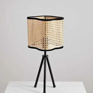 Gal - Mid Century Bohemian Tripod Table Lamp with PVC Rattan Shade and Velvet... - Picture 1 of 8