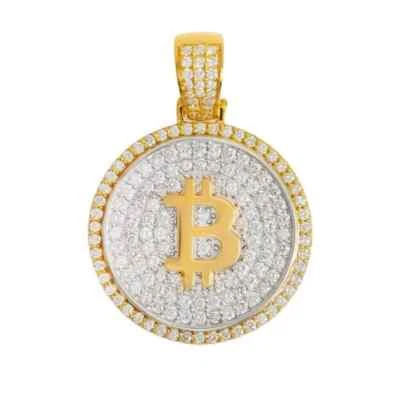 2 克拉圆形实验室制造的钻石比特币男式吊坠 14K 镀黄金 — 第 1/3 张图片